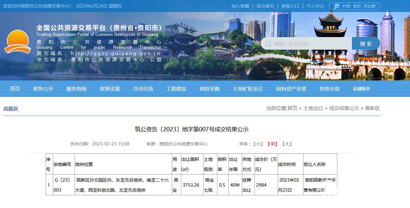 贵阳高新区一宗商业用地成功出让