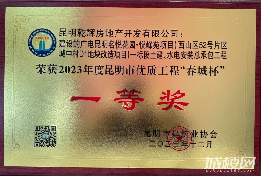 金地名悦花园悦峰苑斩获2023年度昆明市优质工程一等奖